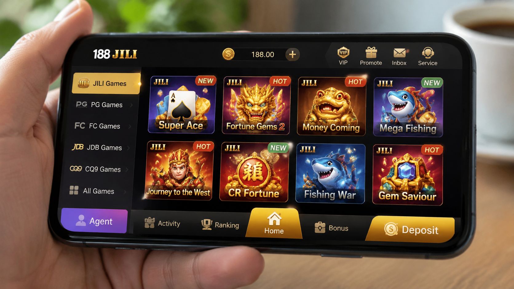 A hand holding a smartphone displaying the 188 JILI mobile gaming app interface with various casino game icons.
