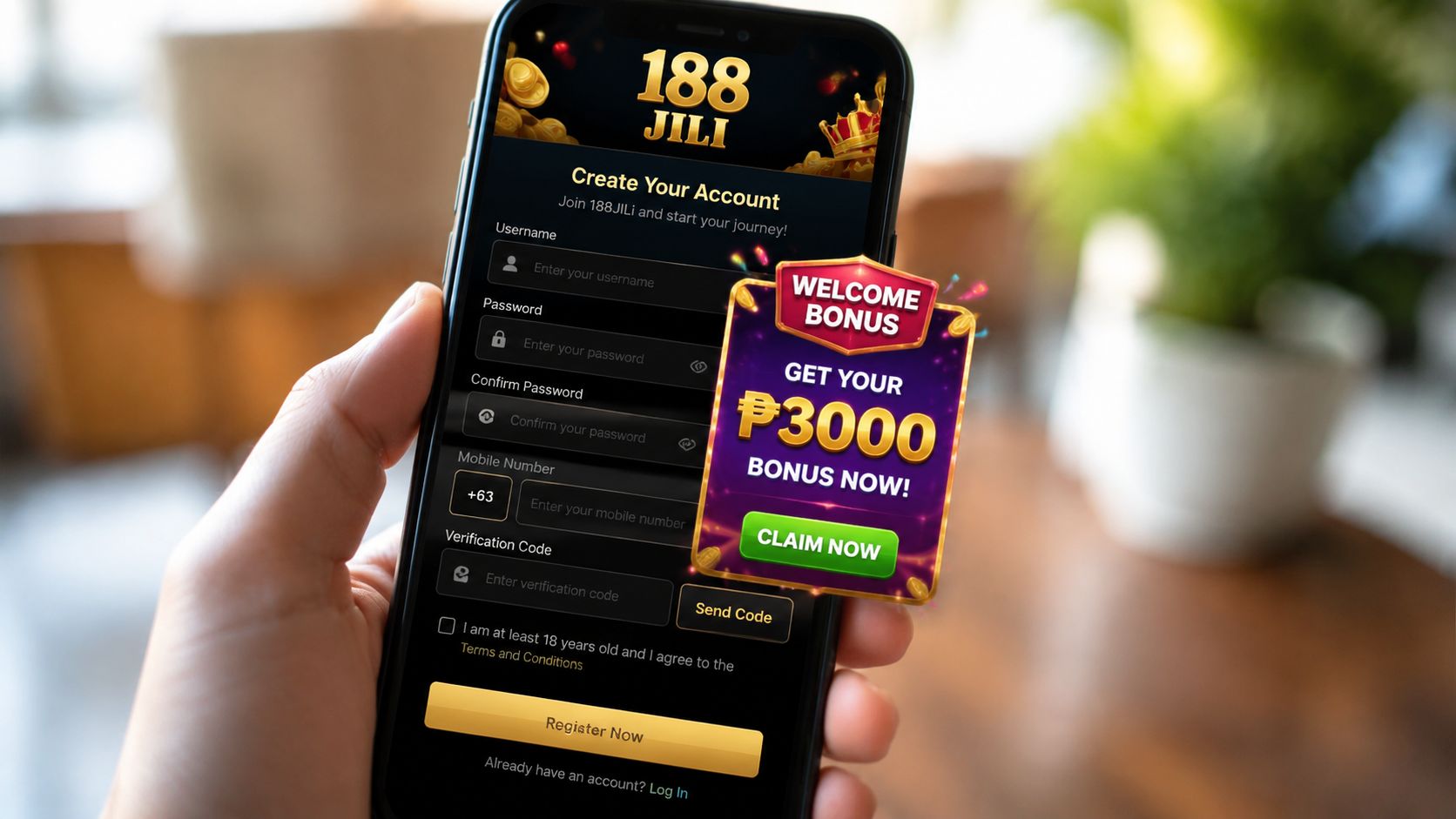 A hand holds a smartphone displaying the 188 JILI mobile registration page with a welcome bonus popup.