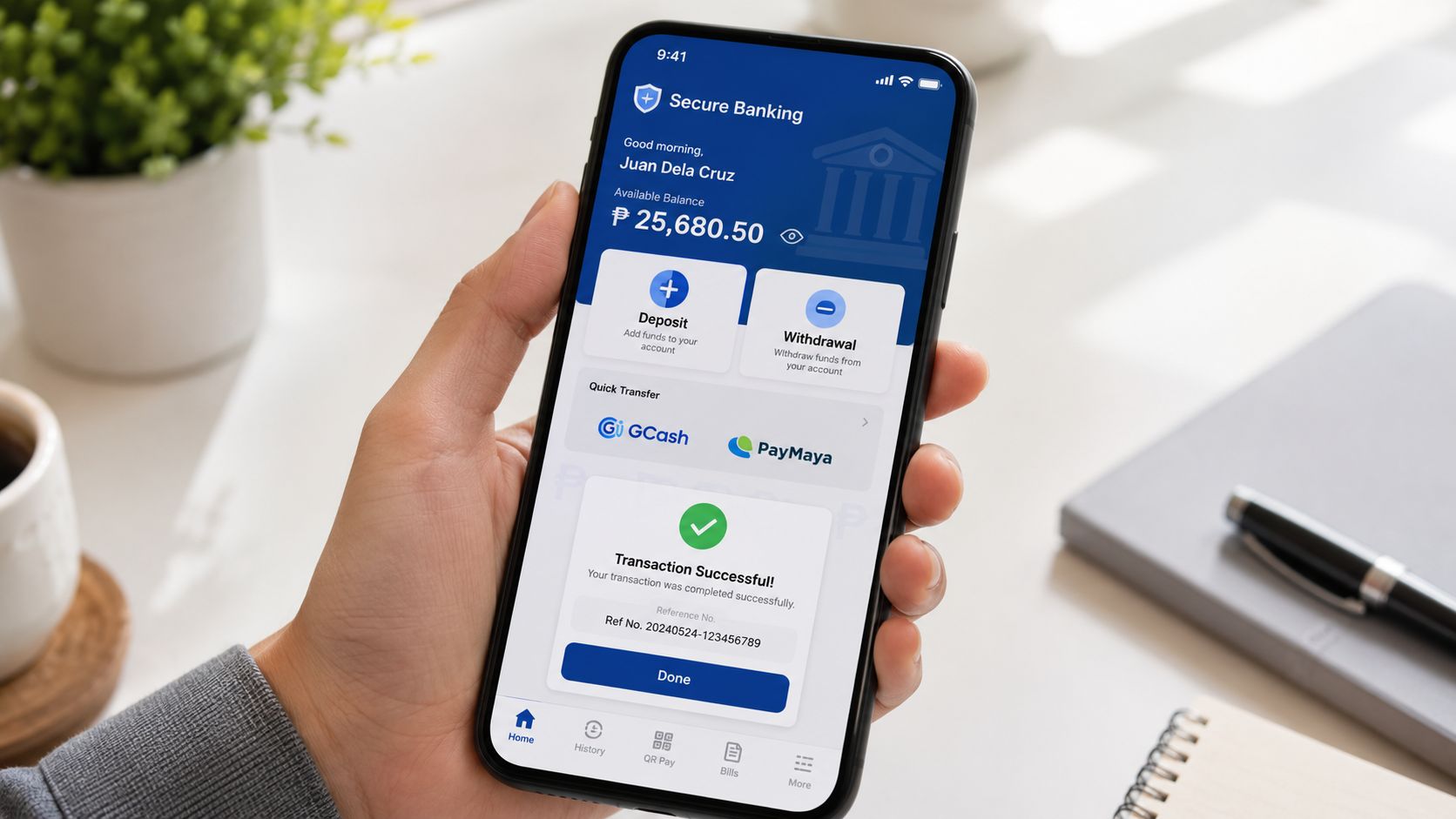 A person holding a smartphone showing a successful transaction screen within a secure mobile banking app.