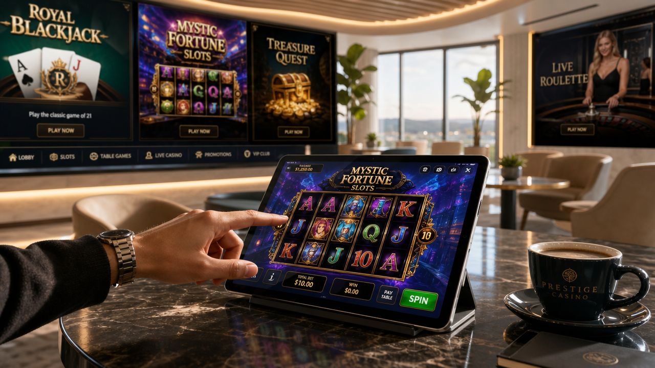 A person playing an online slot game on a tablet inside a luxurious casino lounge.