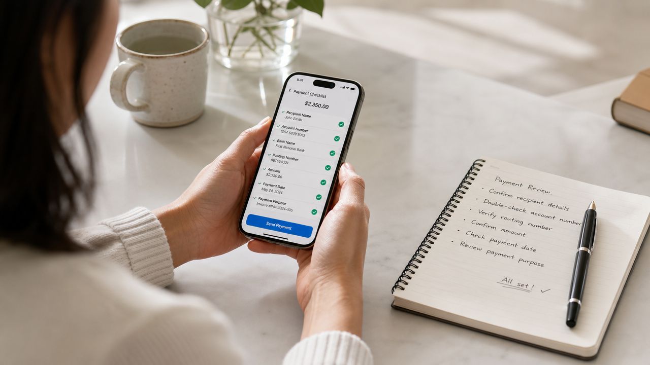 A person holding a smartphone showing a digital payment checklist while sitting at a table with a notebook.