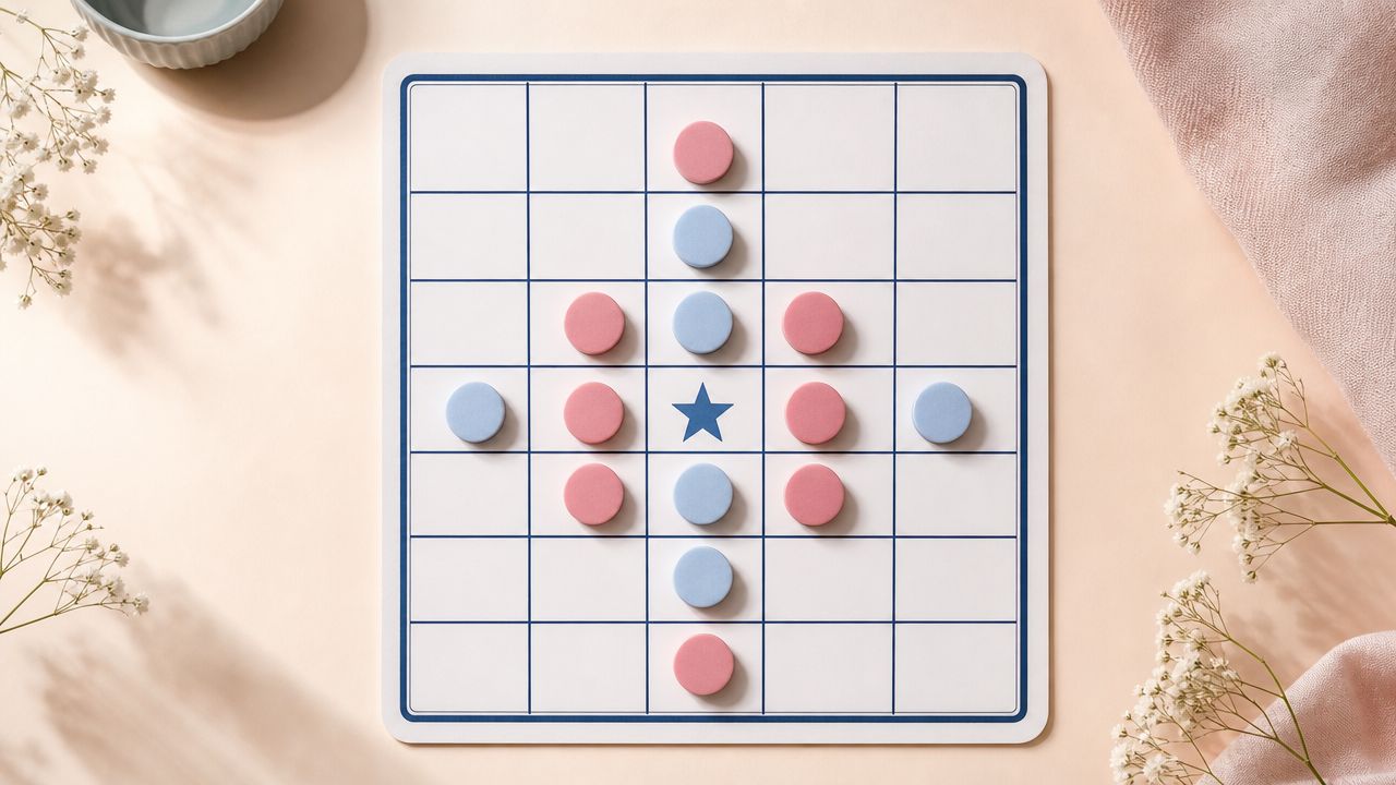 A square board game features a central blue star surrounded by a symmetrical pattern of pink and light blue circular tokens.