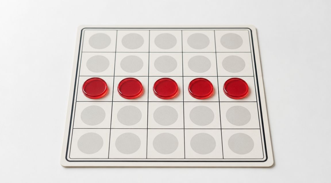 A red line of five tokens winning a row on a white square board grid