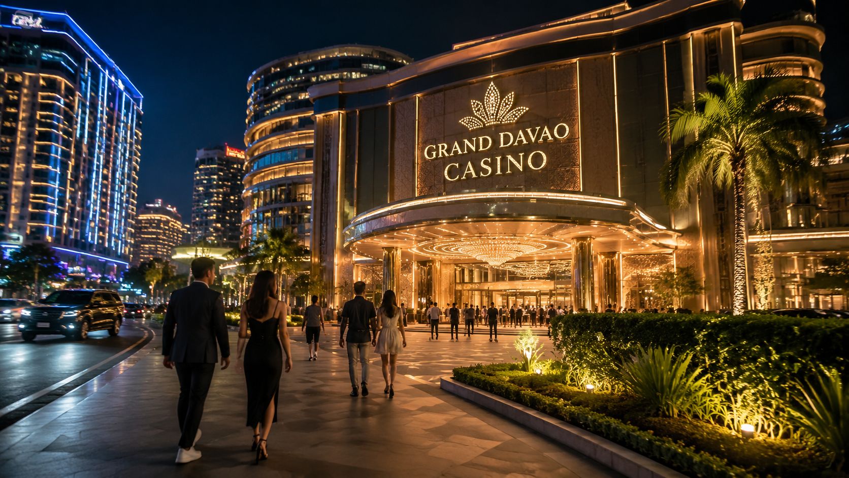People walking towards the brightly illuminated entrance of the Grand Davao Casino at night.