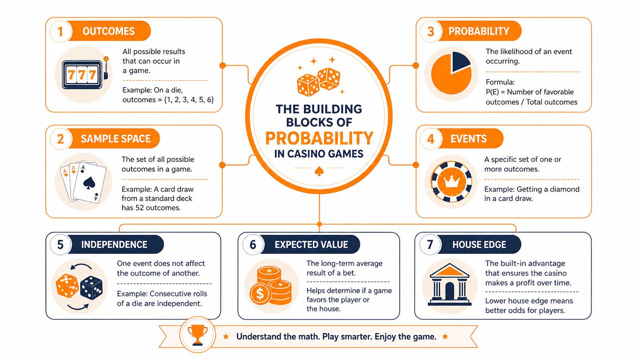 An infographic titled The Building Blocks of Probability in Casino Games illustrating key gambling mathematical concepts.