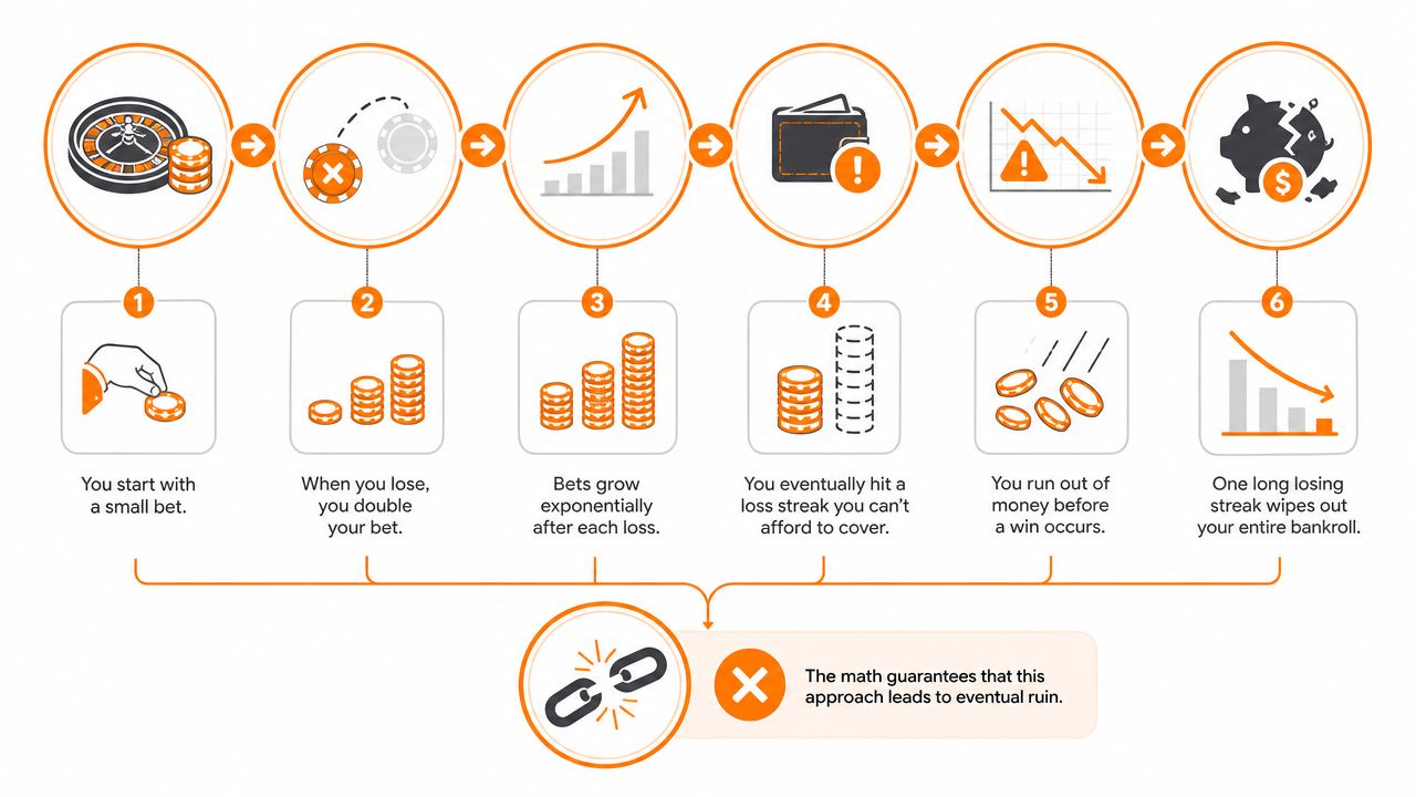 An infographic illustrating the Martingale gambling strategy and why it inevitably leads to financial ruin.