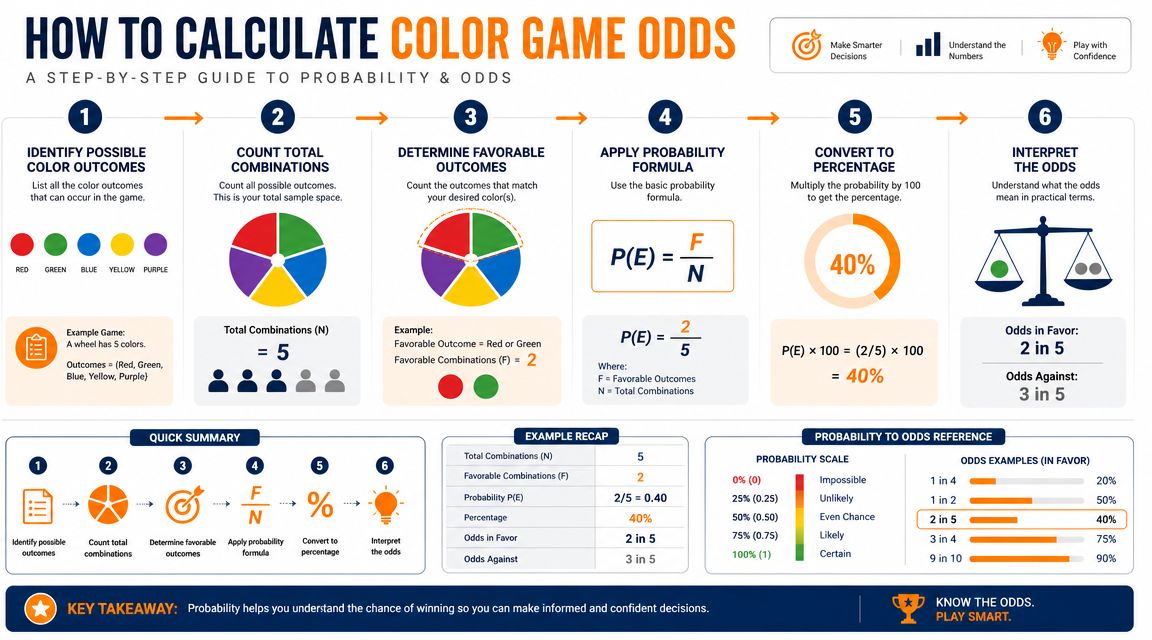An infographic showing a six-step guide on how to calculate color game probability and odds.