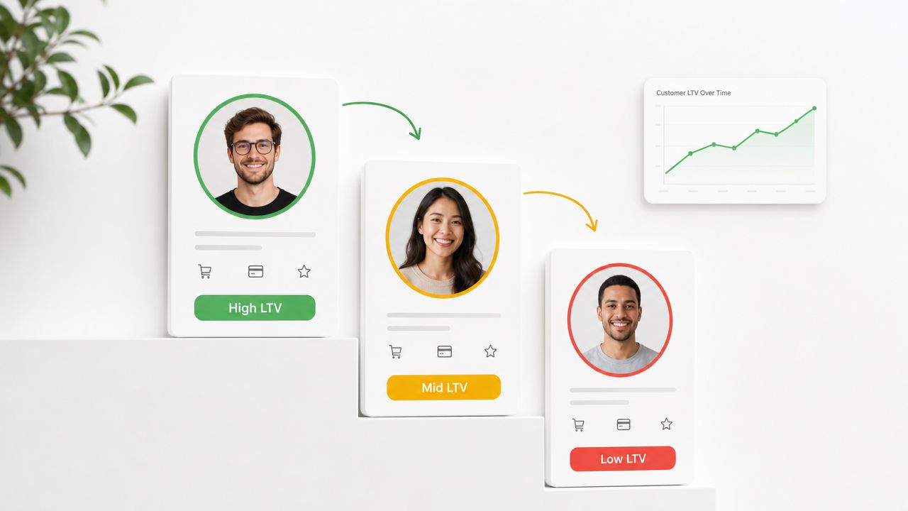 A visual representation showing three customer tiers with increasing lifetime value depicted by icons and charts.
