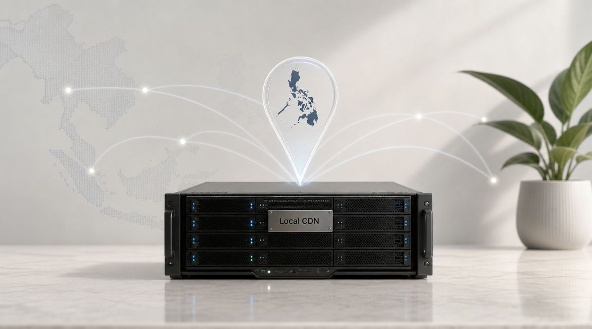 A server rack labeled Local CDN featuring a location marker of the Philippines with digital connection lines.