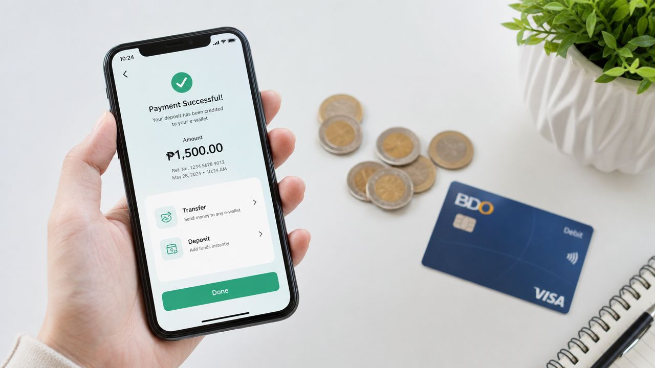 A hand holds a smartphone displaying a successful mobile payment transaction confirmation next to coins and card.