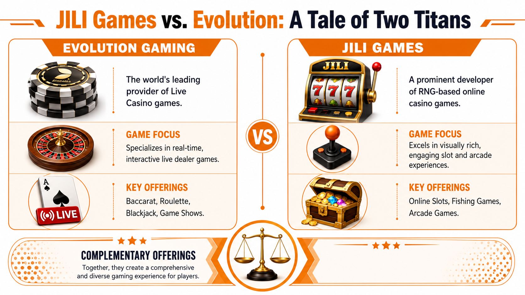 A comparison infographic between Evolution Gaming's live casino services and JILI Games' RNG-based slot and arcade offerings.
