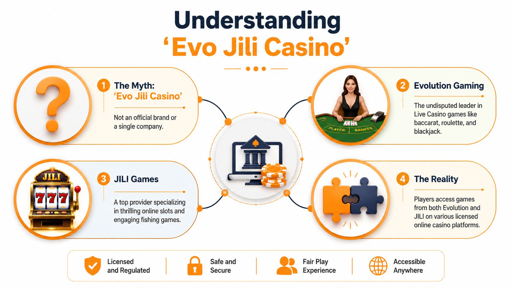 An infographic explaining the relationship between Evolution Gaming and JILI Games within the online casino industry.