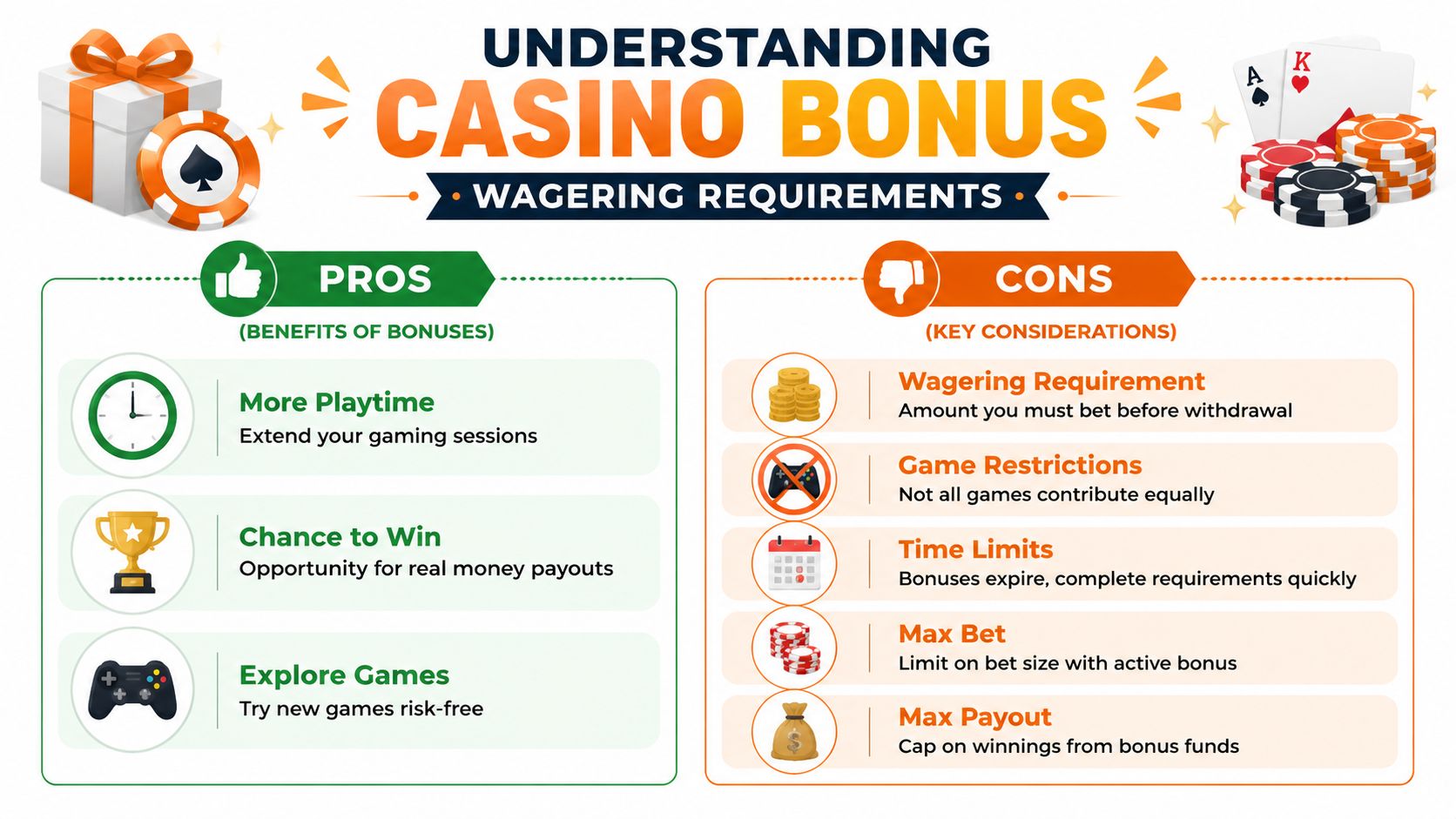 An infographic titled Understanding Casino Bonus Wagering Requirements, displaying the pros and cons of using bonuses.