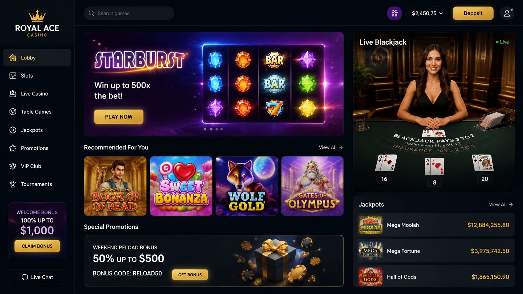 A screenshot of the Royal Ace online casino interface featuring game thumbnails, promotions, and current jackpot amounts.