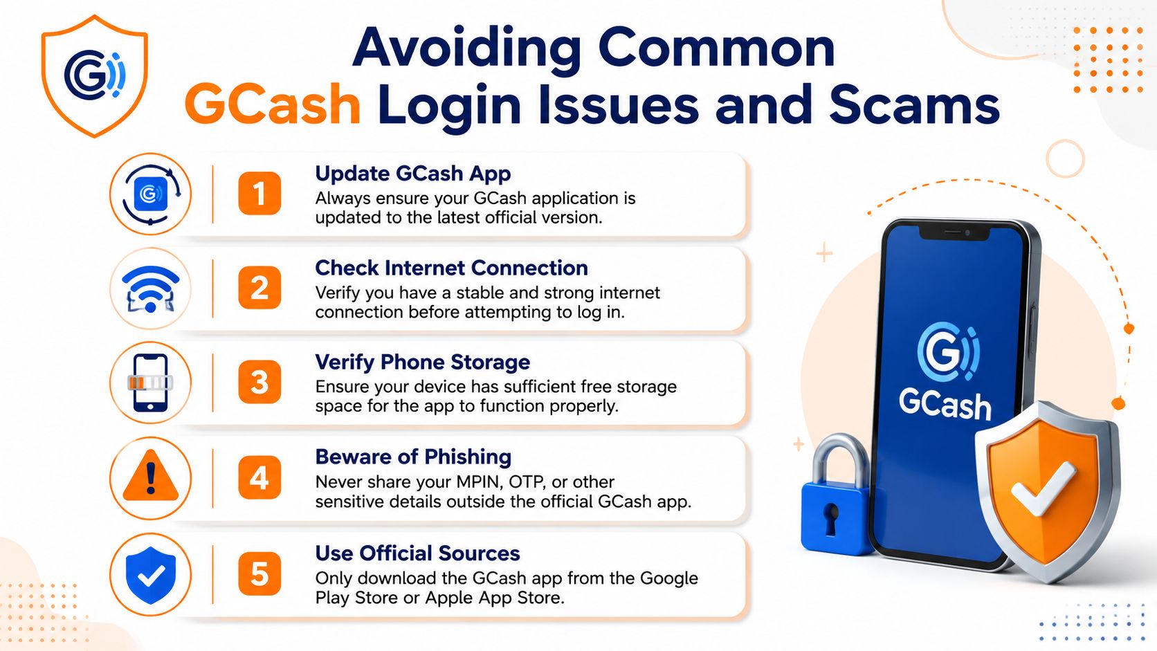 An infographic titled Avoiding Common GCash Login Issues and Scams featuring five tips for account security and troubleshooting.