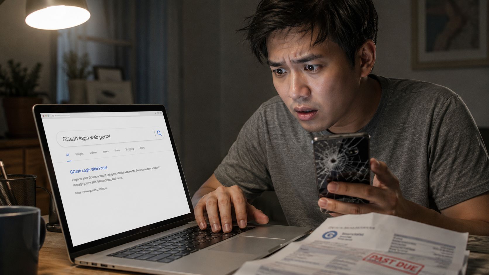 A stressed man looking at his broken smartphone while trying to log into GCash on his laptop.