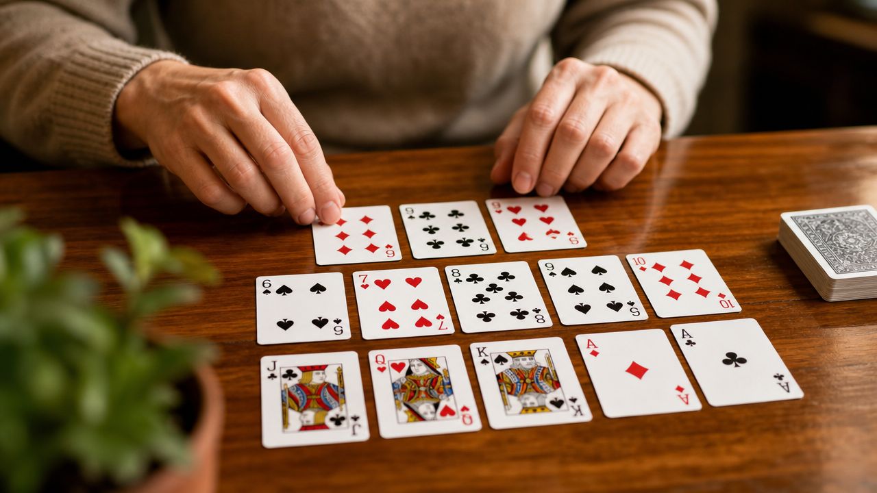 A person playing a card game on a wooden table with several cards arranged face up.