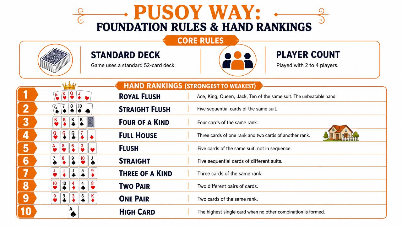 An infographic displaying Pusoy Way card game rules, core requirements, and a ranked list of poker-style hands.