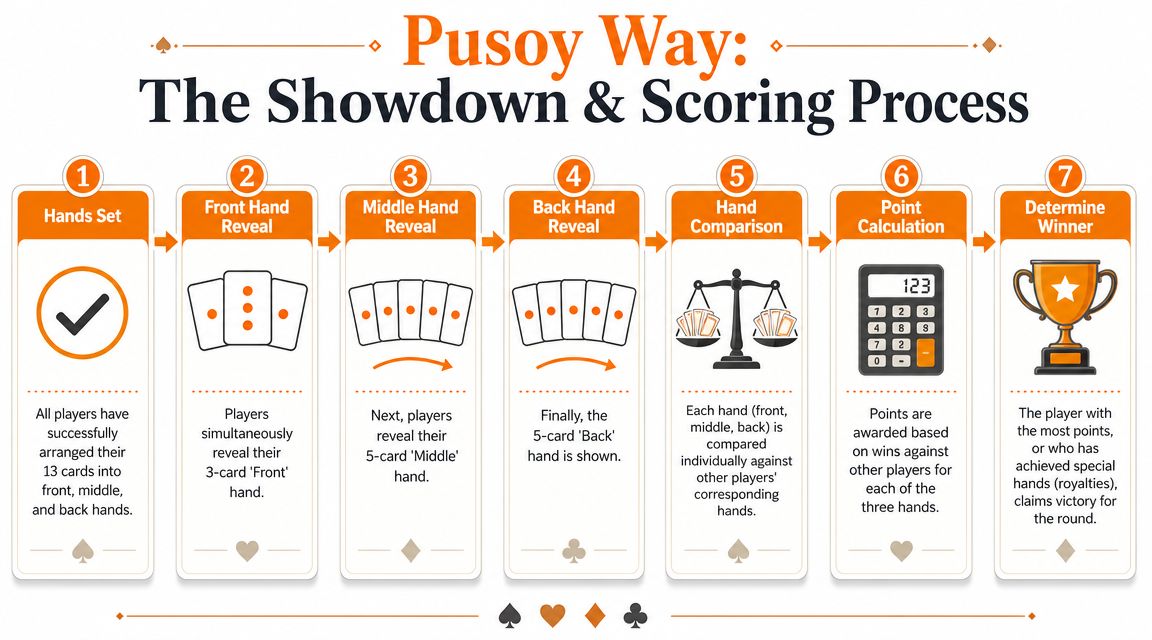 An infographic illustrating the seven steps of the Pusoy card game showdown and scoring process.