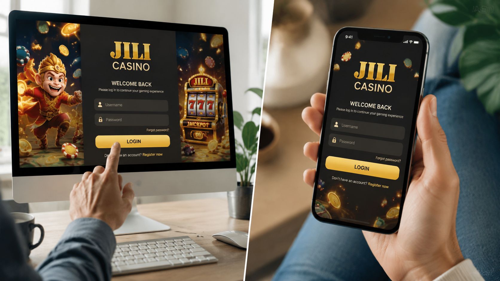 A person accessing the JILI Casino login portal on both a desktop computer and a smartphone screen.