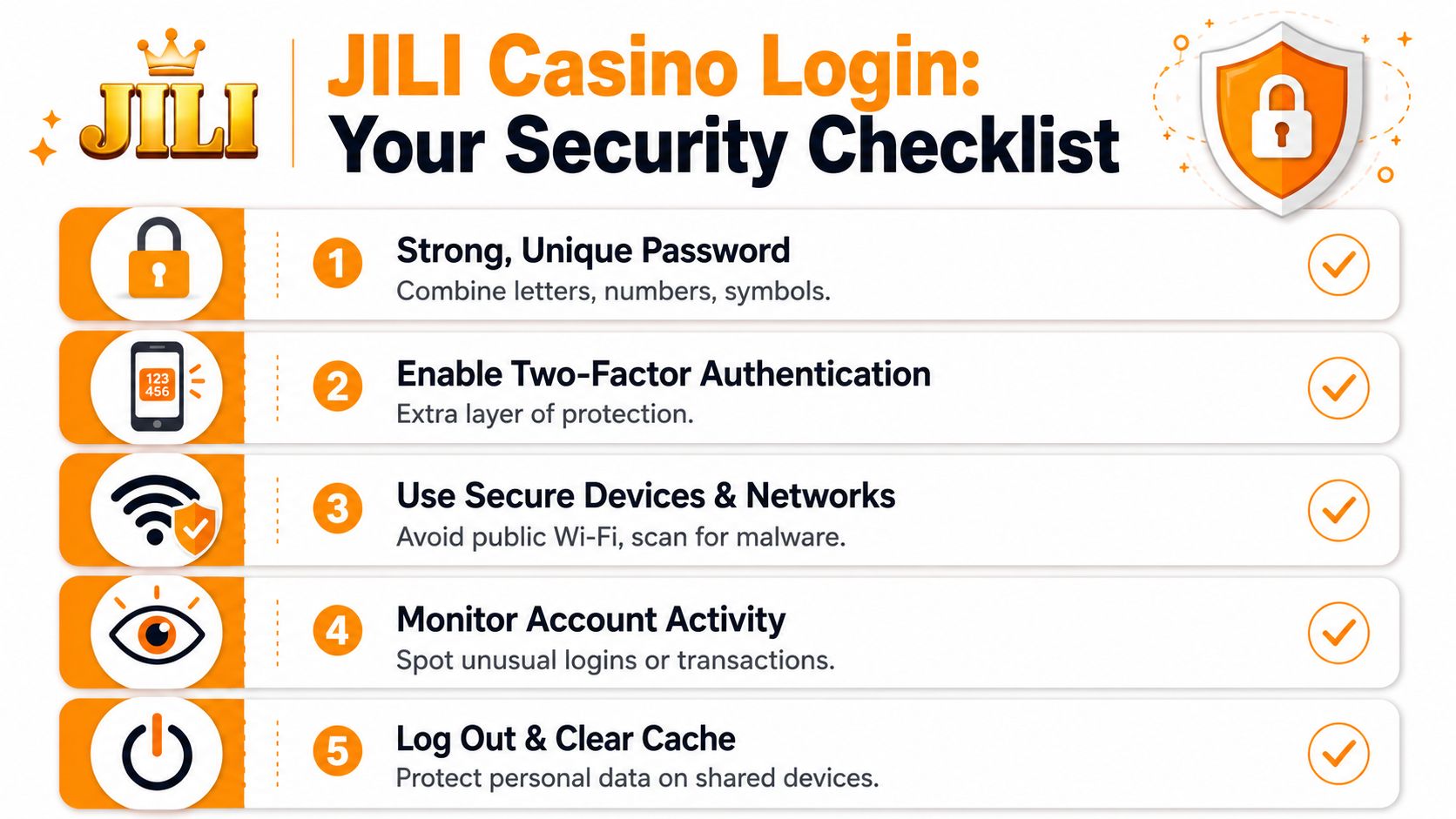 An infographic titled JILI Casino Login Security Checklist featuring five essential tips for account safety.