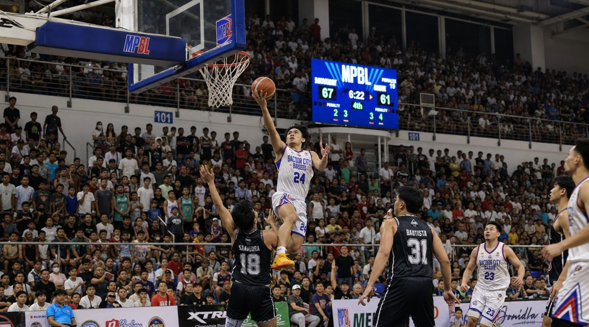 A basketball player in a white uniform jumps to score a lay-up during an MPBL game.