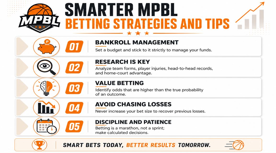 An infographic titled Smarter MPBL Betting Strategies and Tips showing five key rules for responsible sports wagering.