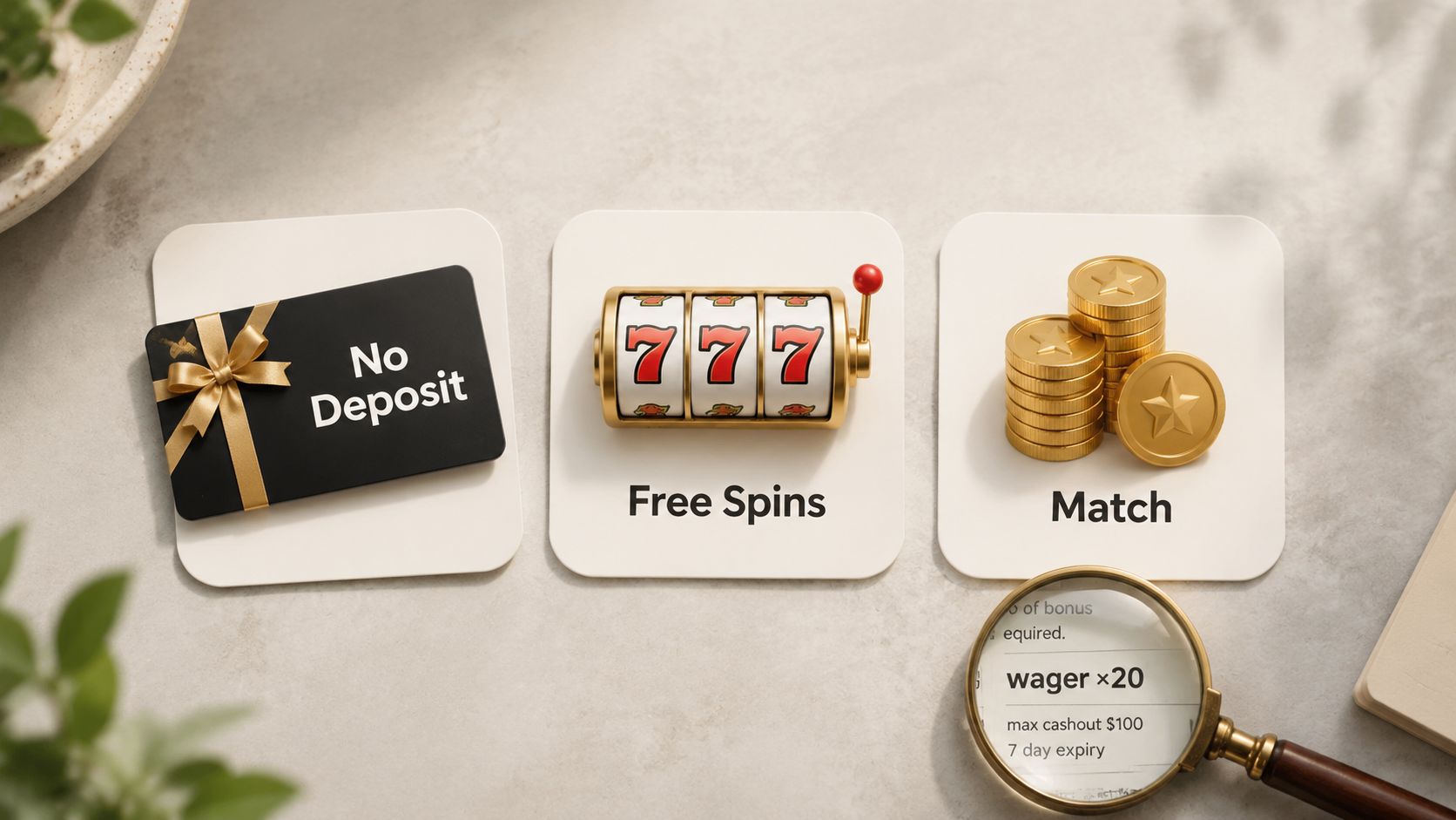 A conceptual graphic illustrating online casino bonuses including no deposit offers, free spins, and match rewards.