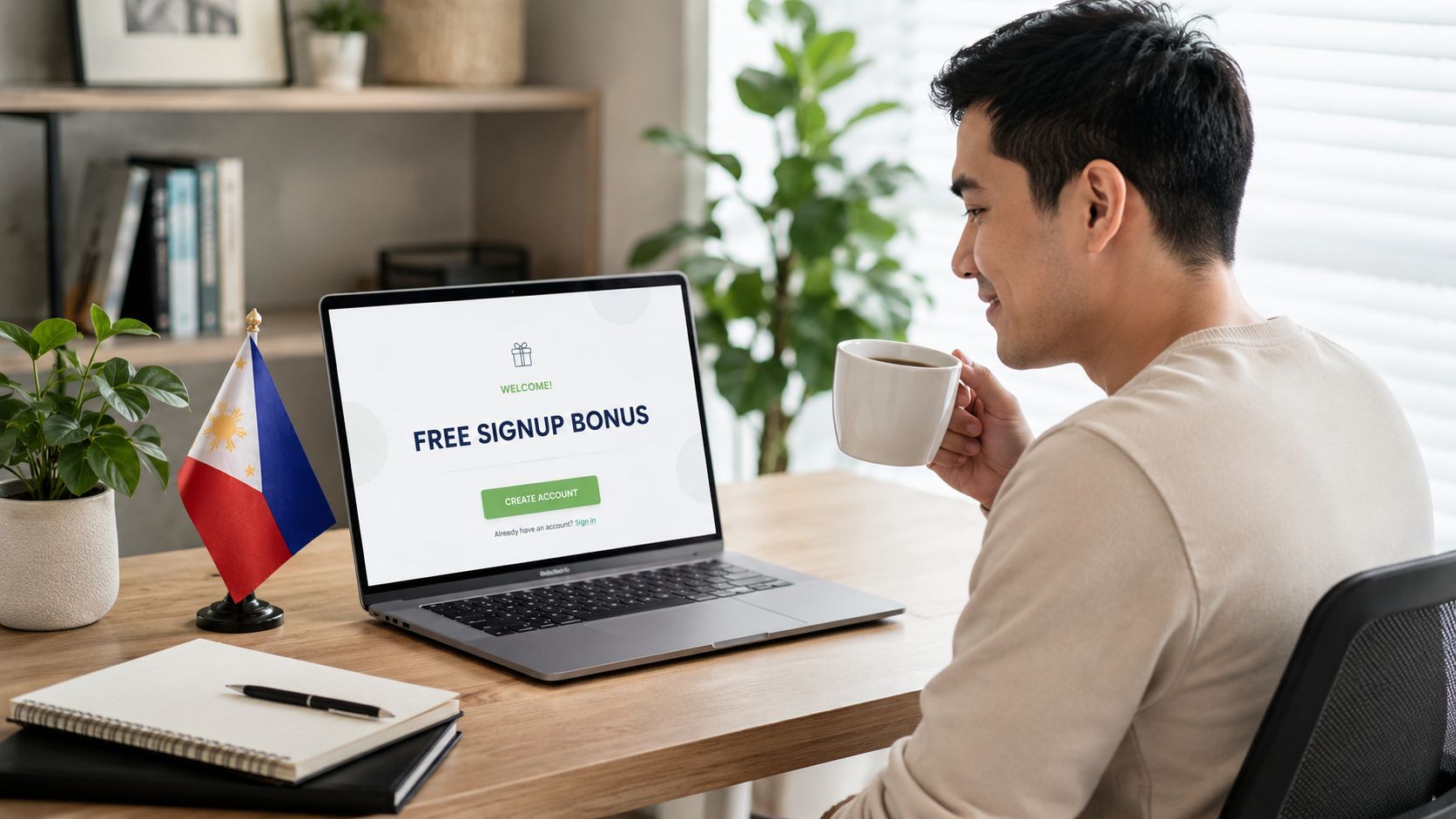 A Filipino man sitting at a desk with a laptop displaying a free signup bonus promotion.