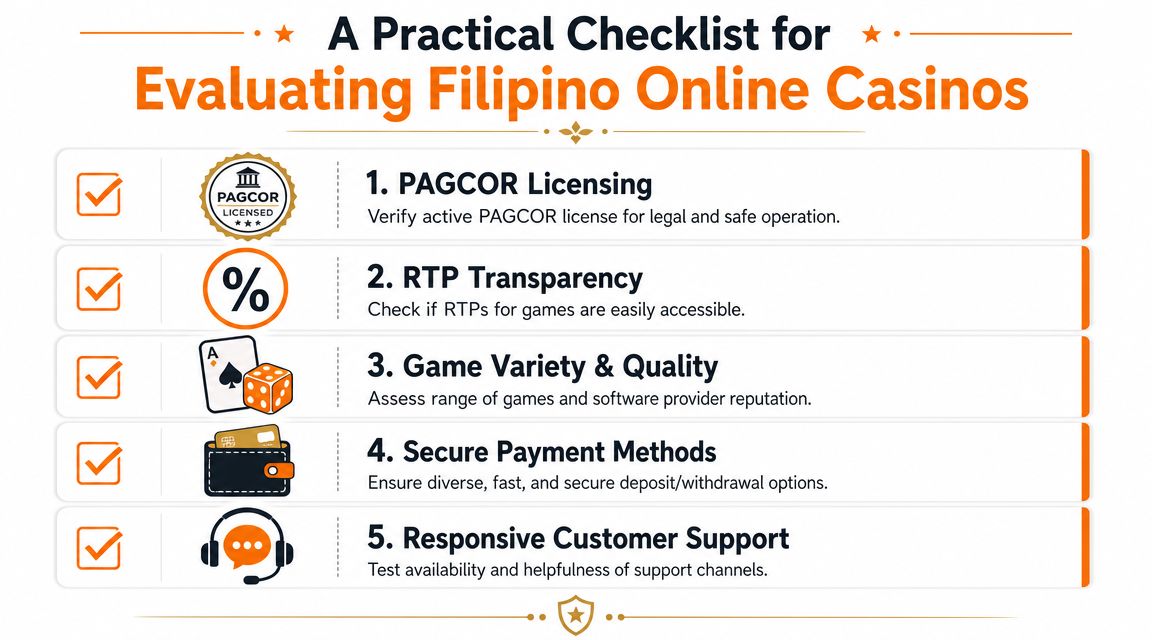 A checklist for evaluating Filipino online casinos, including PAGCOR licensing, RTP transparency, game variety, payment methods, and support.