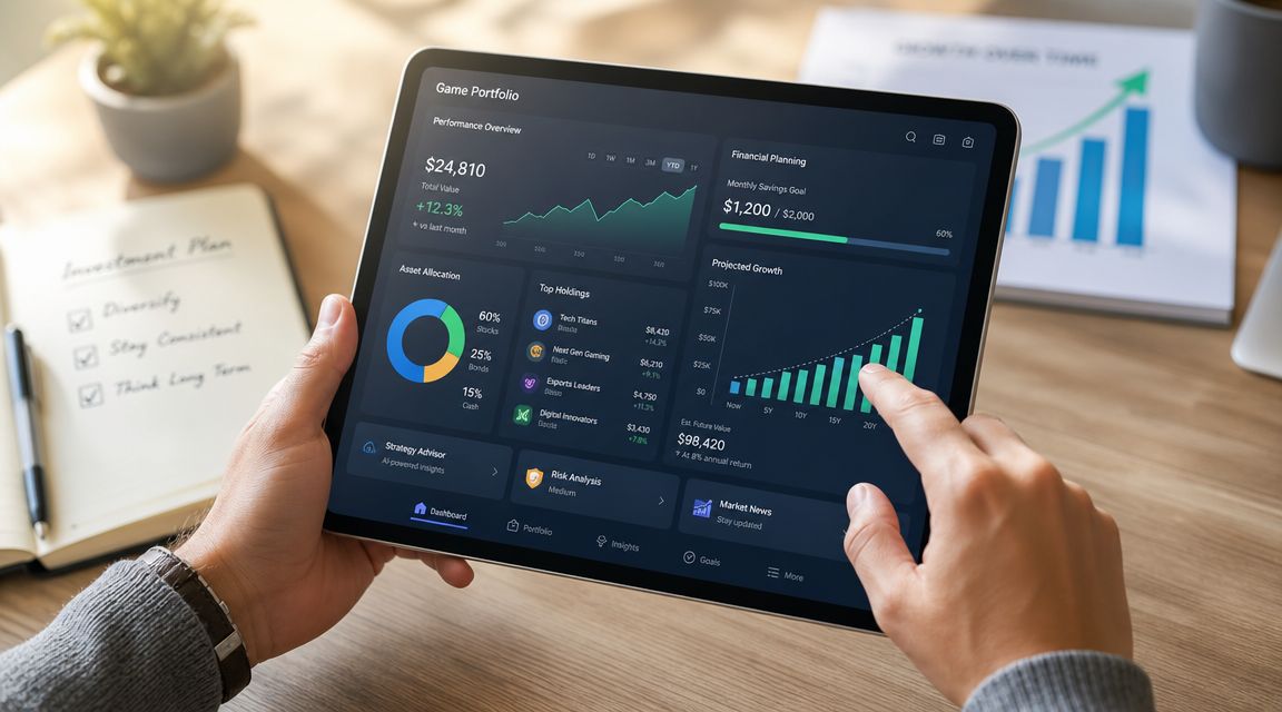 A person using a tablet to monitor financial investment performance and projected growth of a digital portfolio.