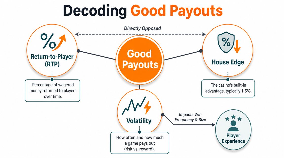 A diagram explaining factors of good casino payouts including RTP, House Edge, and game volatility concepts.