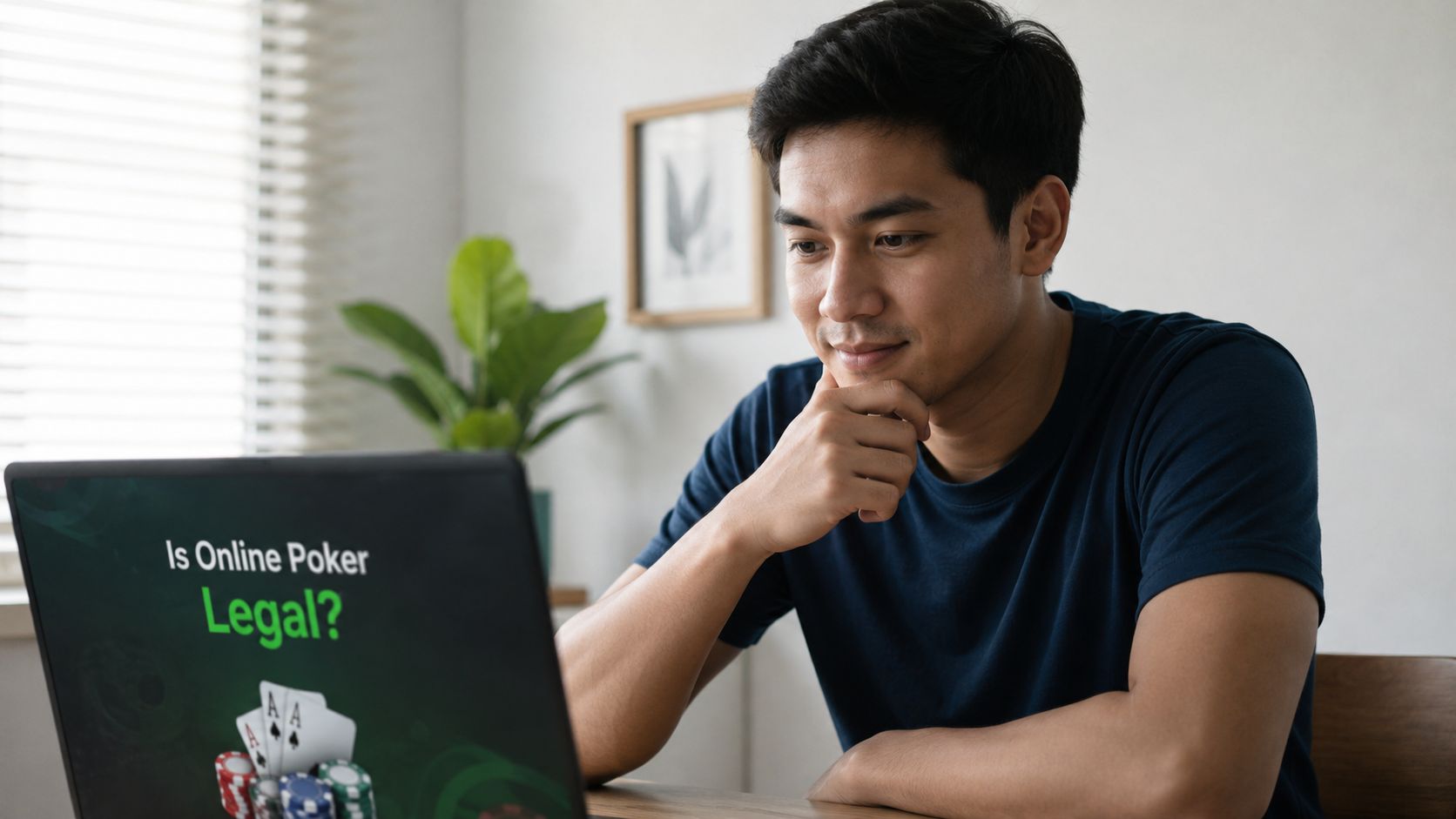 A young Asian man sits at a desk thoughtfully looking at a laptop screen about online poker.