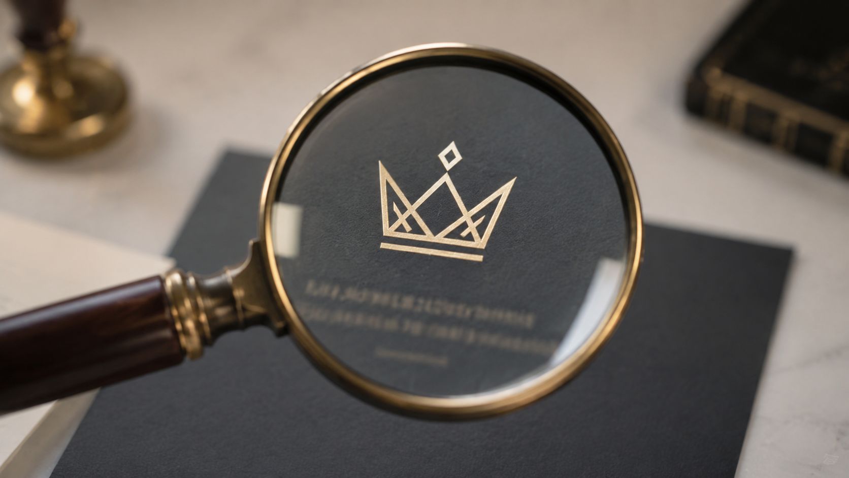 A magnifying glass held over a gold crown logo emblem printed on a black paper background.