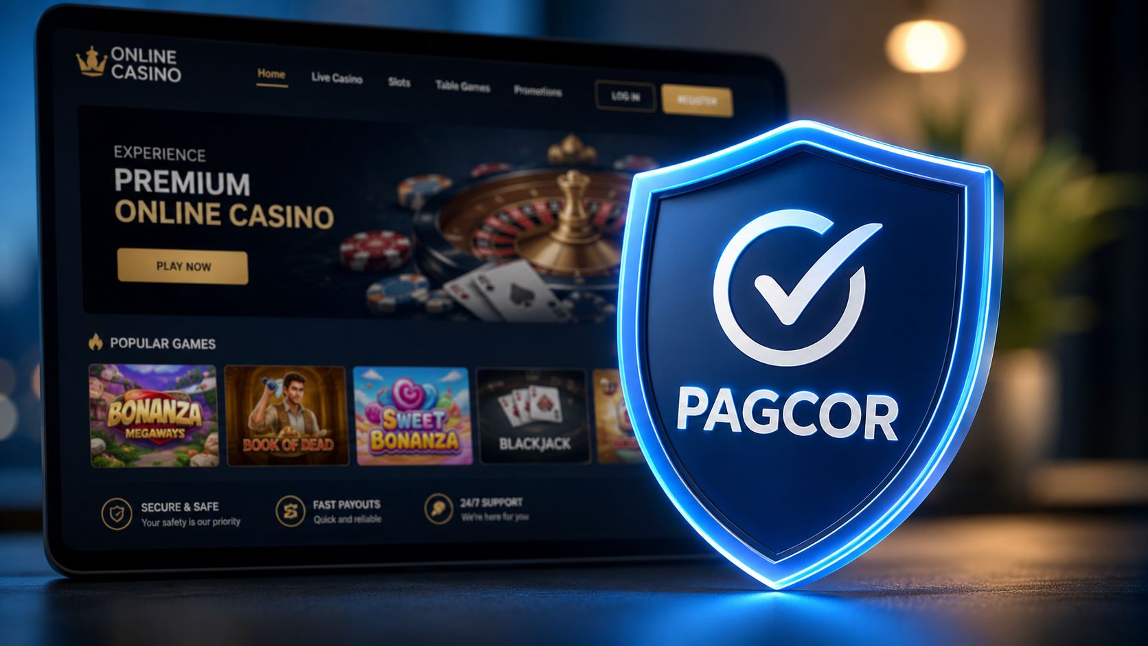A digital tablet displaying an online casino interface featuring a glowing PAGCOR certification shield in the foreground.