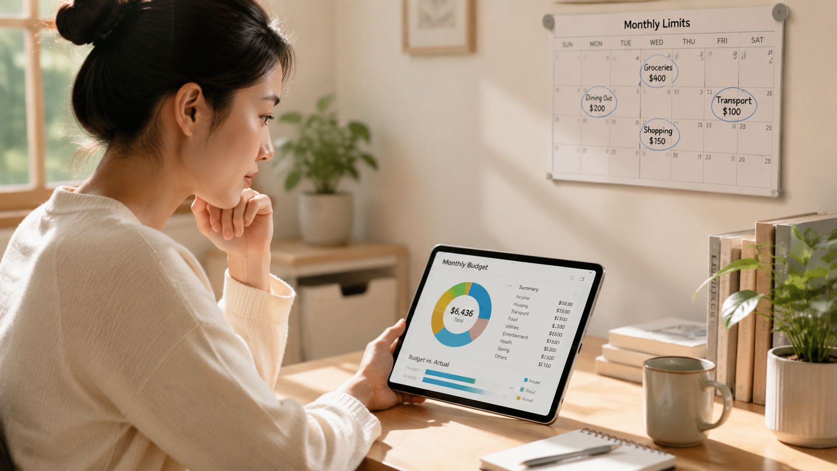 A young woman sits at a desk, reviewing a digital budget chart on a tablet while looking at a monthly financial calendar on the wall.