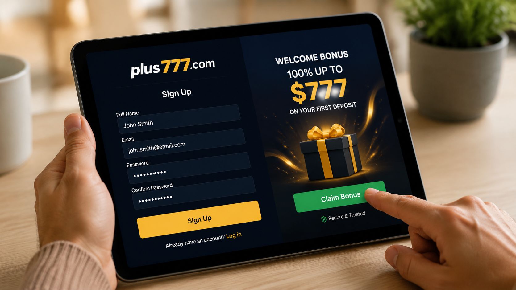 A person using a tablet to sign up for the plus777.com gambling platform to claim a bonus.