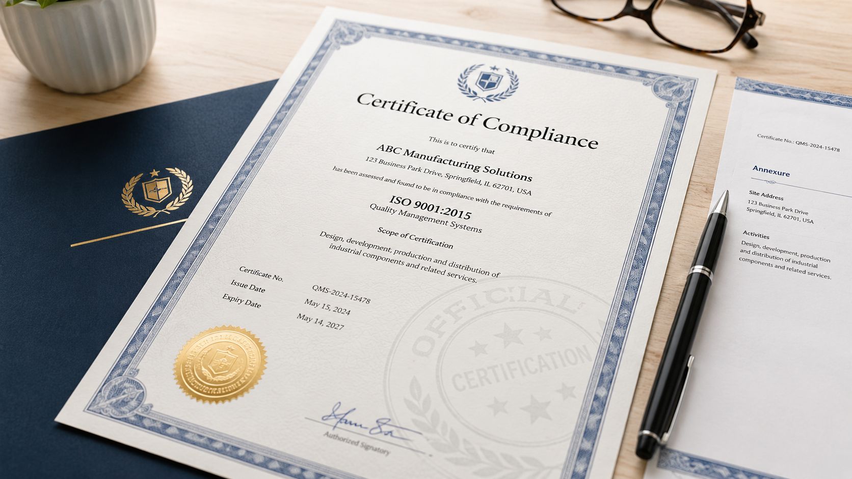 A professional ISO 9001:2015 certificate of compliance for ABC Manufacturing Solutions resting on a wooden desk.