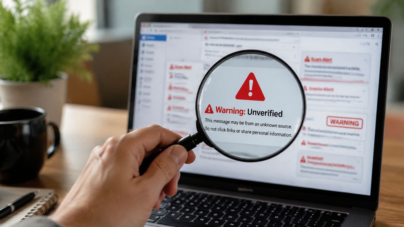 A person using a magnifying glass to inspect a warning message on a computer screen about unverified content.