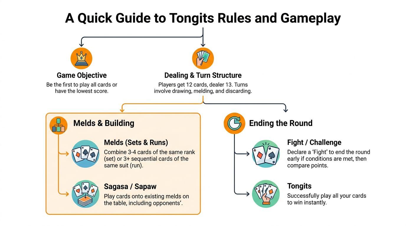 A quick guide to Tongits rules featuring instructions on objectives, dealing, melds, and ending the game round.