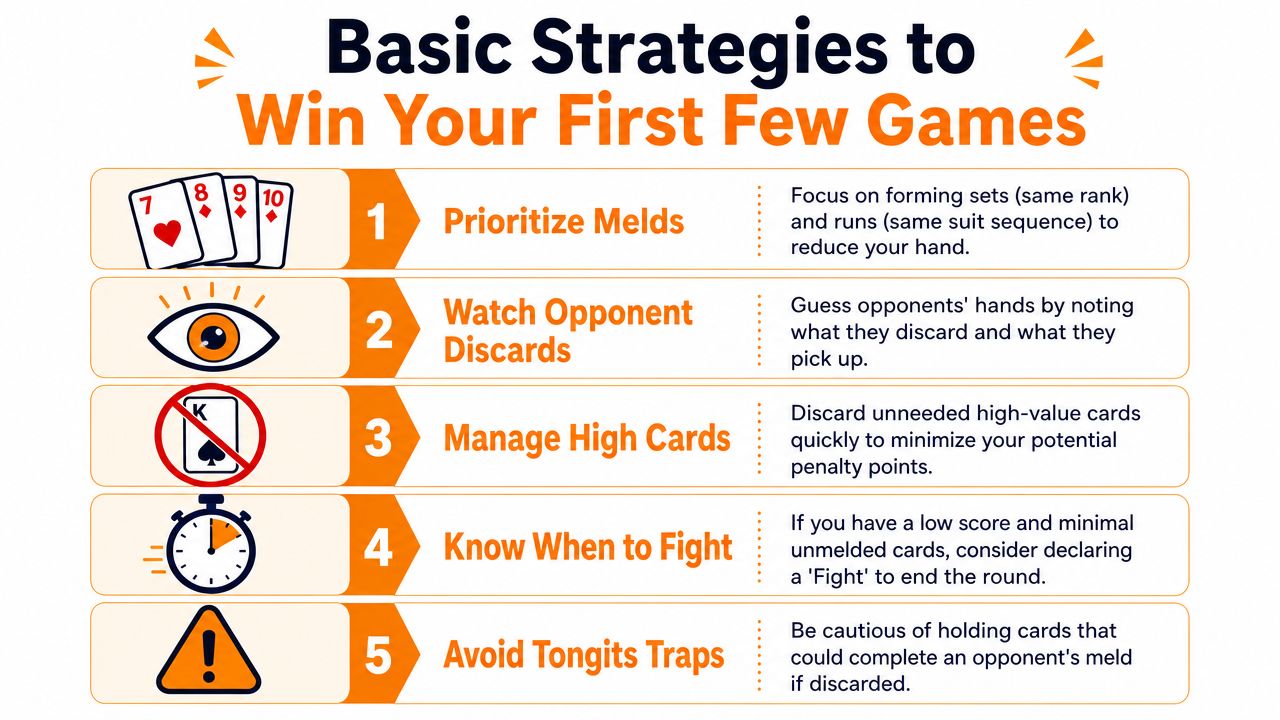 An infographic titled Basic Strategies to Win Your First Few Games featuring five key tips for Tongits players.