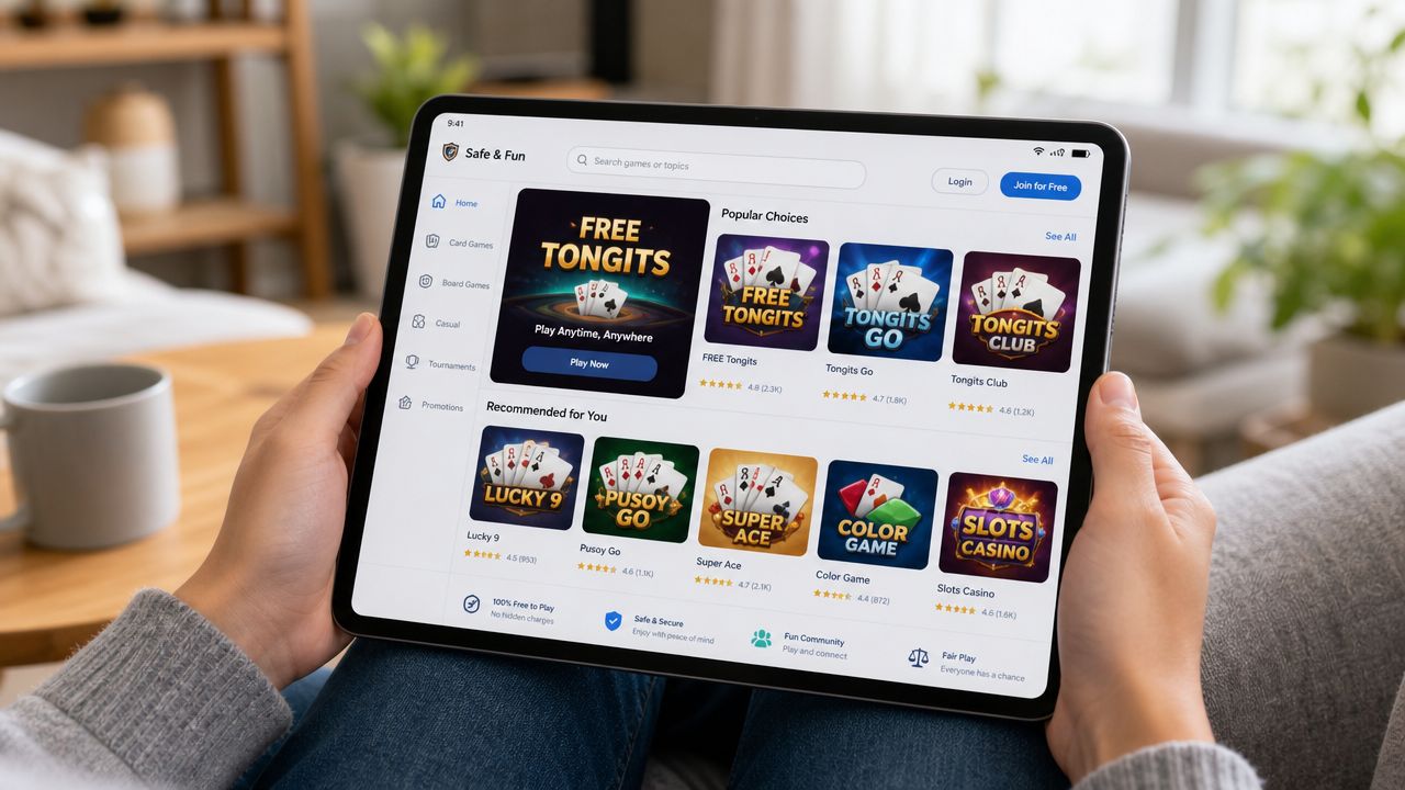 A person holding a tablet displaying an online gaming store interface featuring popular card games like Tongits.