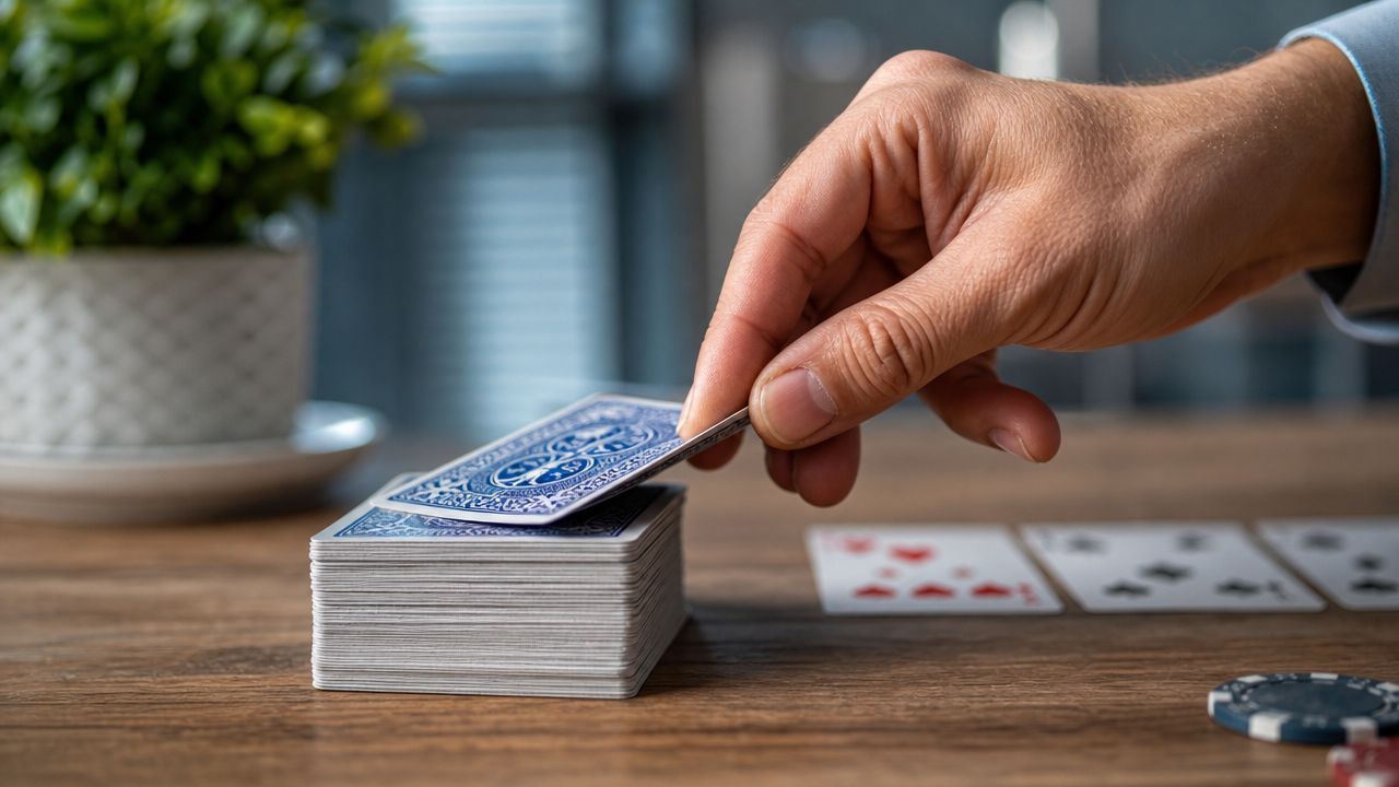 A hand placing a playing card onto a deck on a wooden table with face-up cards.