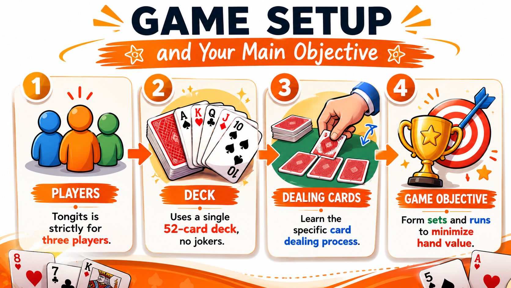 An infographic detailing the game setup and objective for the card game Tongits for three players.