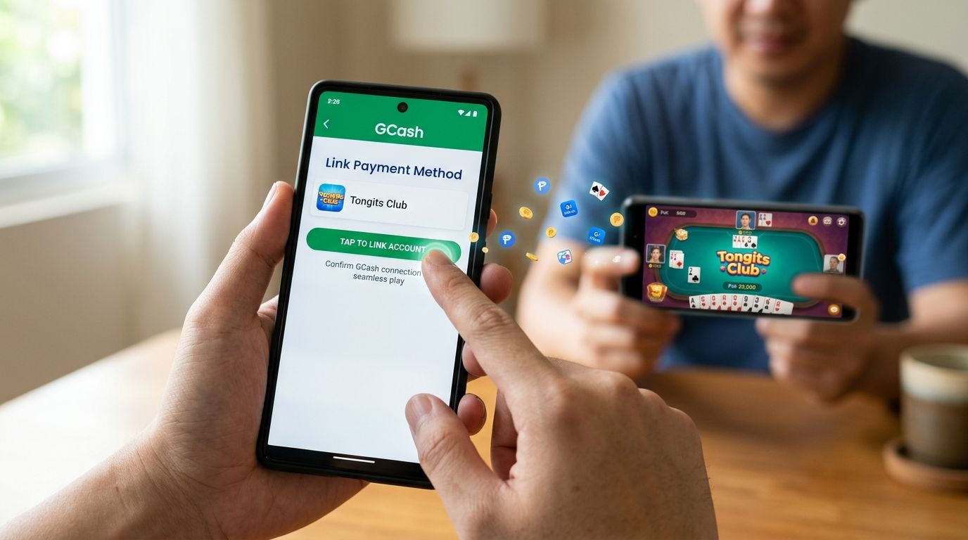 A person linking their GCash account to the Tongits Club online mobile gaming app on a smartphone.