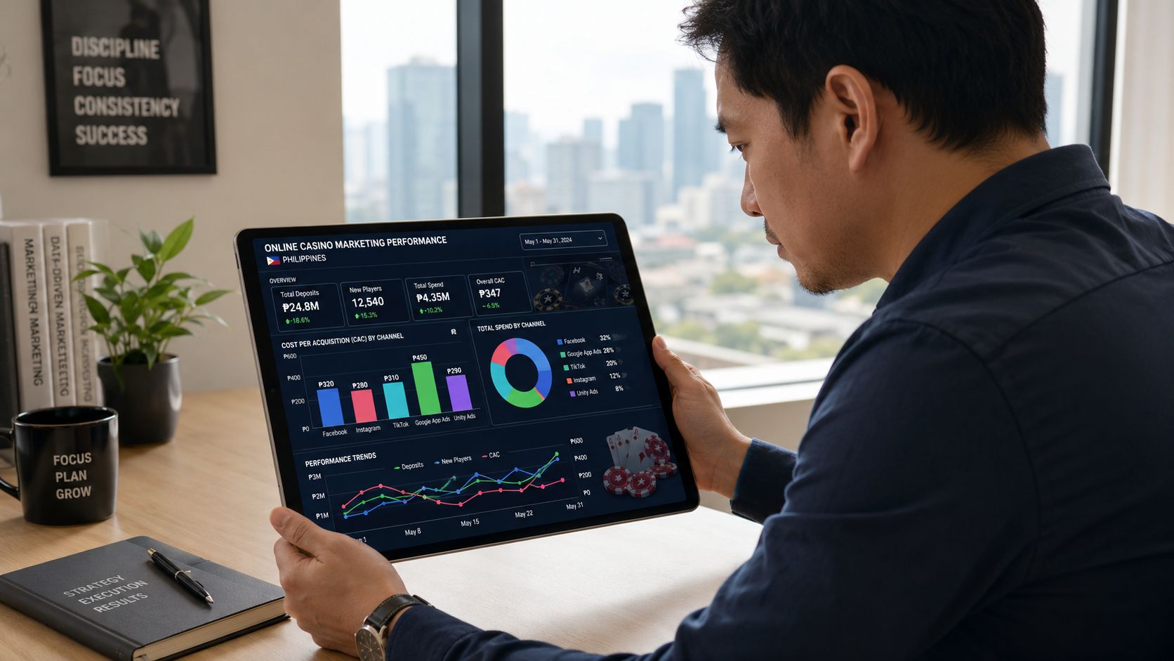 A professional analyzing an online casino marketing performance dashboard on a tablet in a modern office.