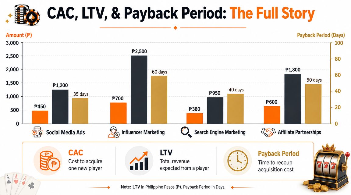 A bar chart comparing customer acquisition costs, lifetime value, and payback periods across four marketing channels.