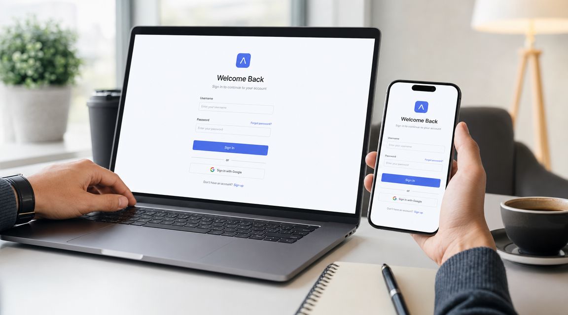 A person using a laptop and a smartphone to access a web-based user account sign-in screen.