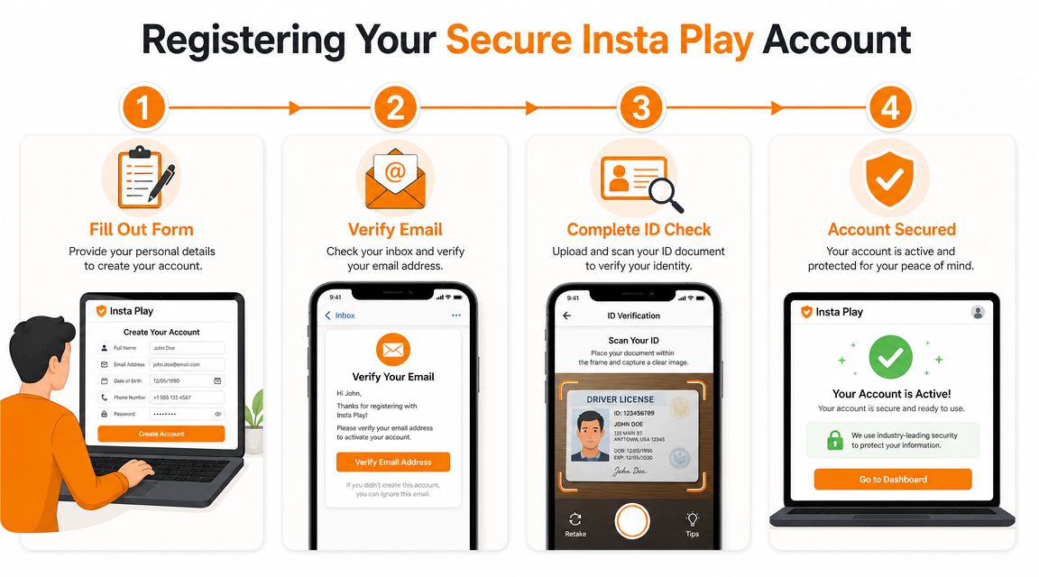 A four-step infographic showing how to register and secure an online account for Insta Play.