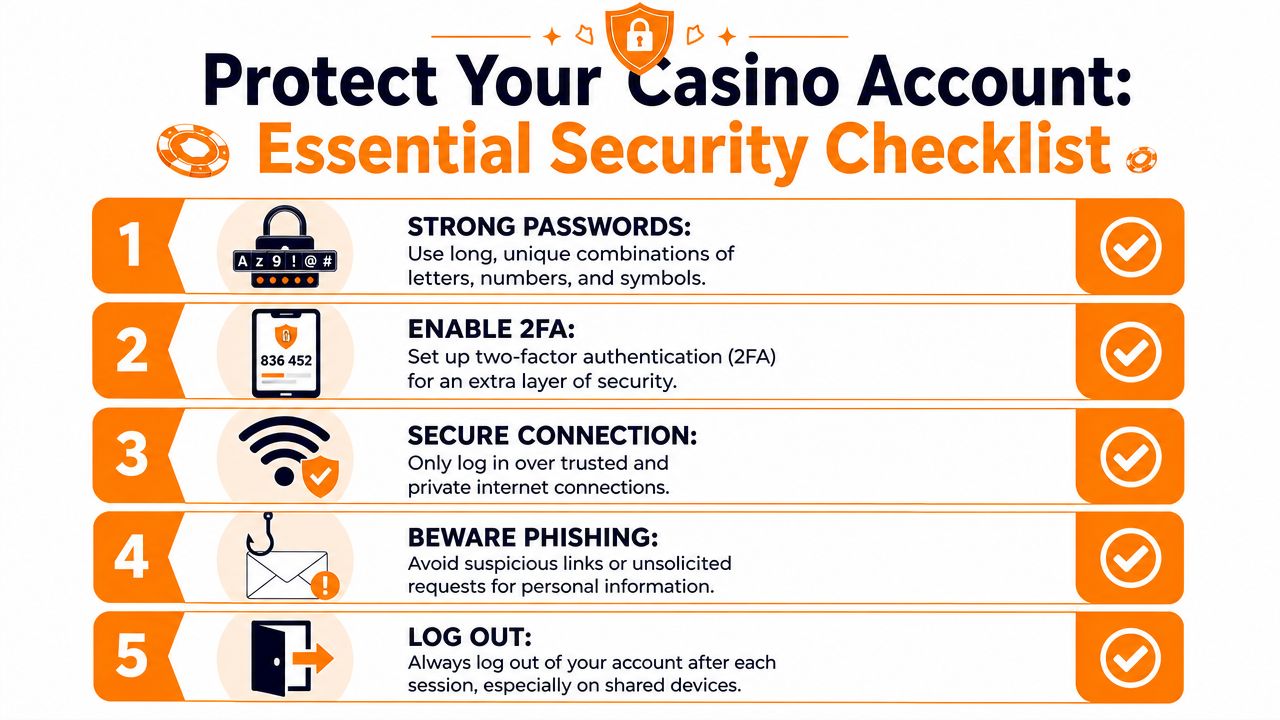 An infographic titled Protect Your Casino Account with five essential security tips including strong passwords and 2FA.